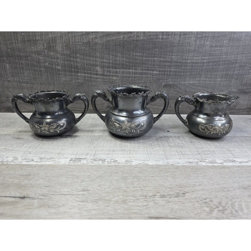 Columbia Silver Co. Quadruple Plate Mark Sugar Creamer Antique 016 3 Pcs b199